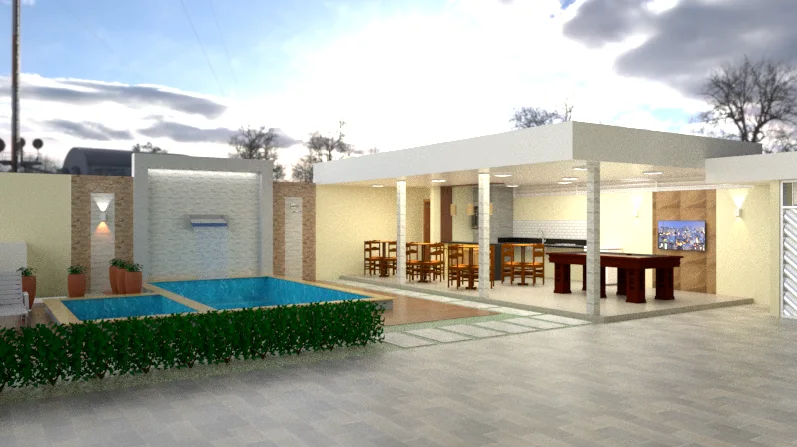 Residência térrea com área externa, piscina e céu aberto