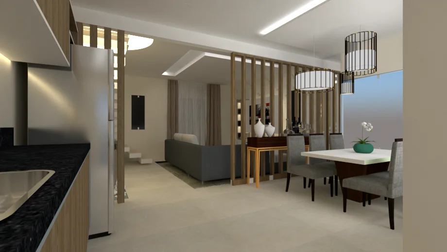 Sala integrada à área de jantar com divisórias verticais