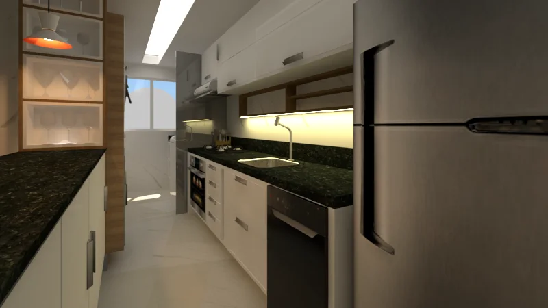 Cozinha com marcenaria clara, pedra escura e iluminação linear