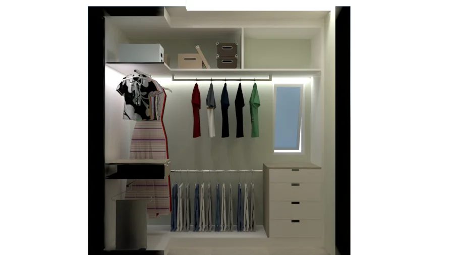Closet com marcenaria iluminada e organização vertical